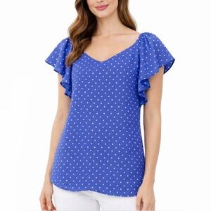 Kate Spade Blue Polka Dot Flutter Sleeve Blouse - Size Small